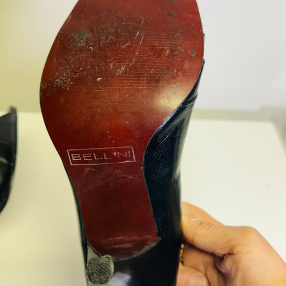 BELLINI SIZE 7 Black PATENT LEATHER OPEN TOE TRIM BOW DETAIL STITCHING PLEATED - Picture 7 of 7